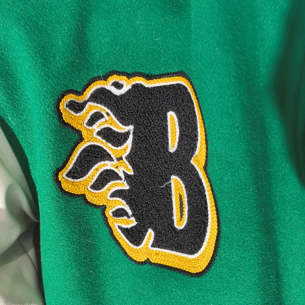 Black Pharoah Boy s Varsity Jacket Green & White W/Hood & Graphics / Patches